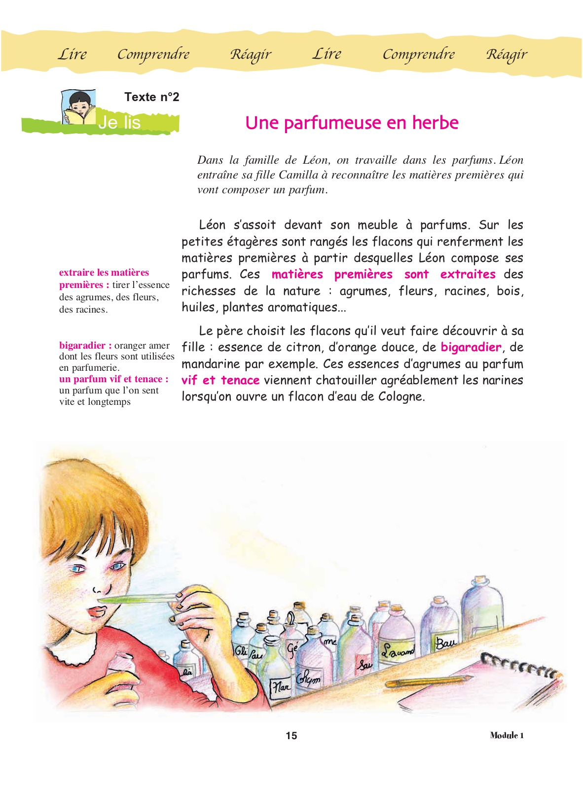 Manuel de français, page 15 : texte « Une parfumeuse en herbe », Camilla sent un parfum devant les flacons de son père Léon